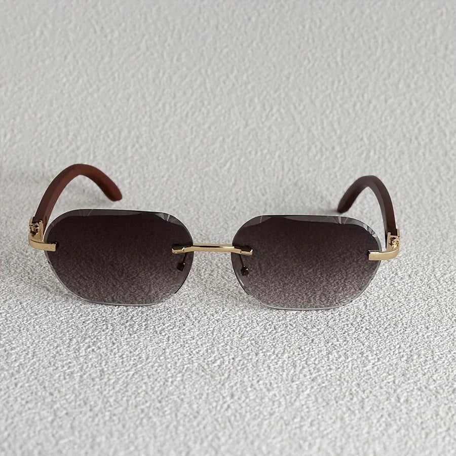 Retro Rimless Fashion Glasses with Wood-Look Temples