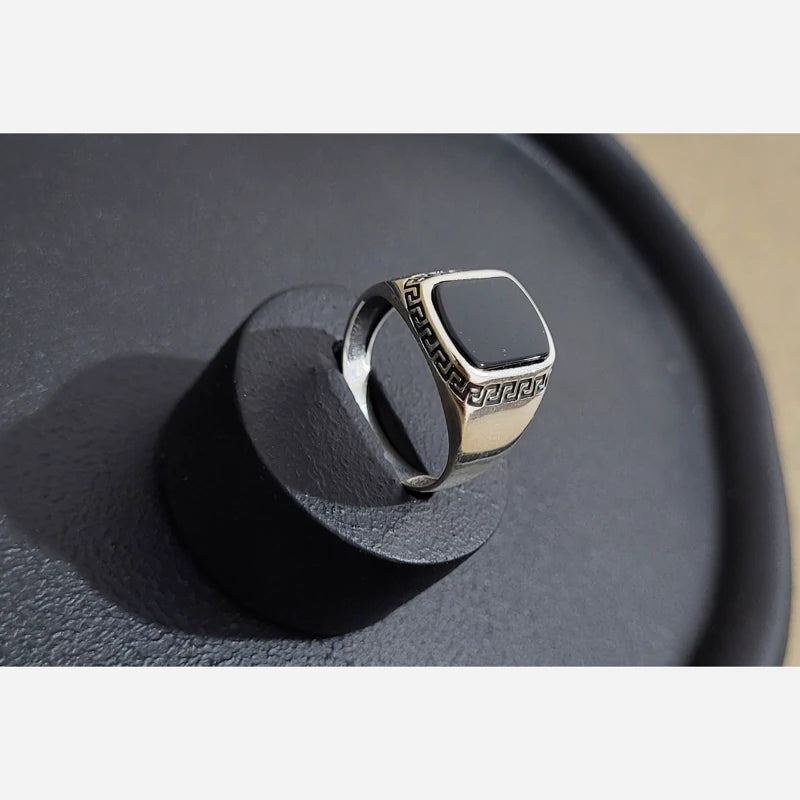 Black Onyx Signet Ring with Greek Key Design