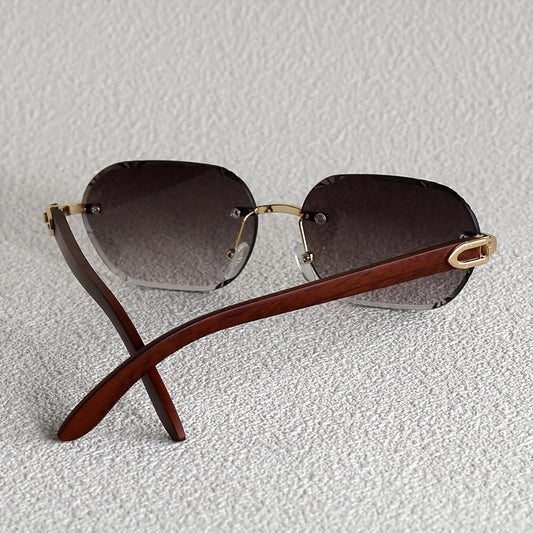 Retro Rimless Fashion Glasses with Wood-Look Temples