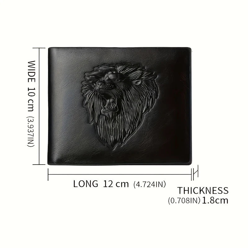 New Men's Lion Embossed Pattern Wallet, PU Leather Trifold Money Clip