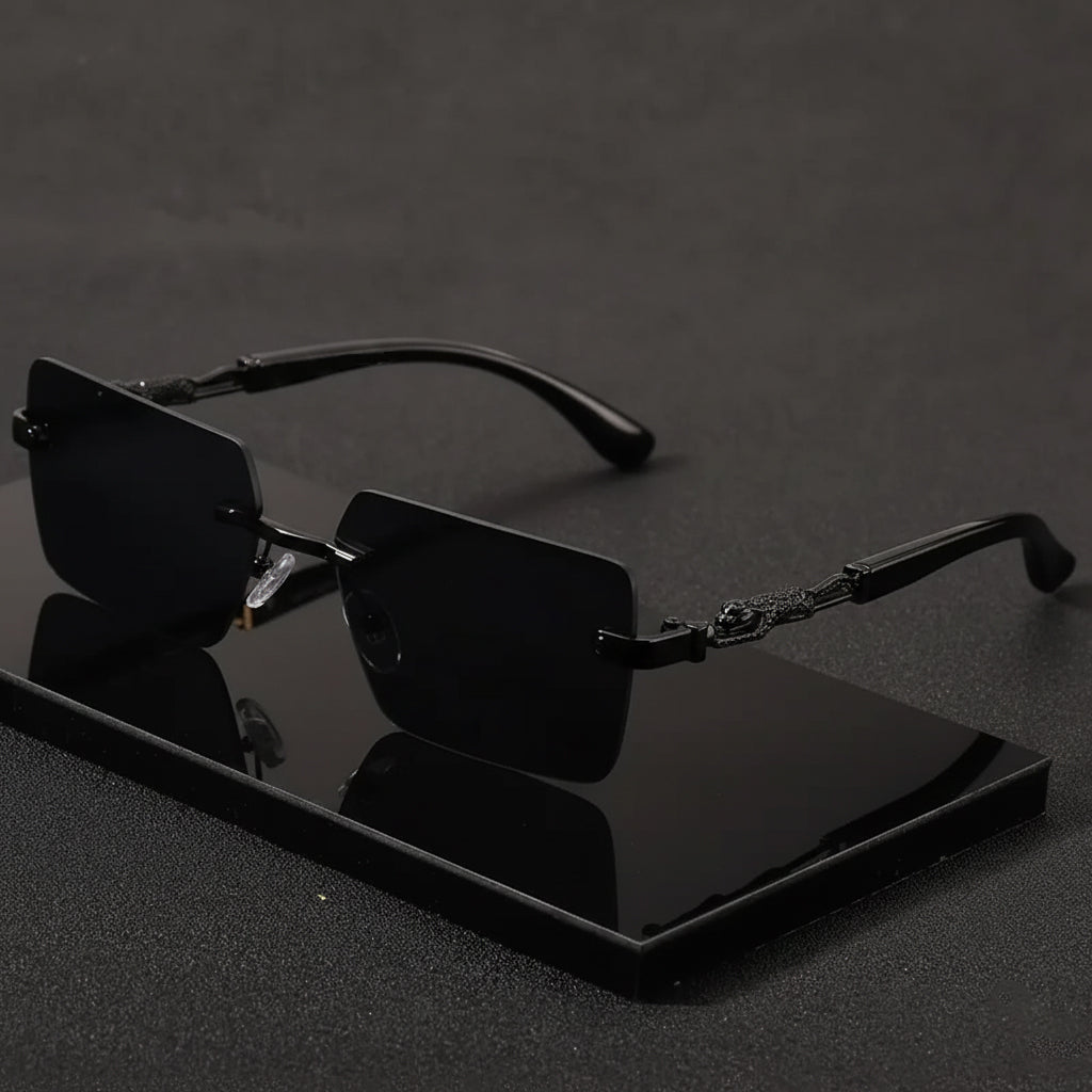 Rimless leopard print temples and a compact trendy frame