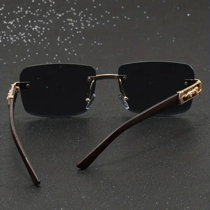 Wooden Pattern Leopard Head Artificial Diamond Cut Edge Fashion Glasses