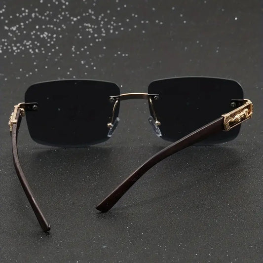 Wooden Pattern Leopard Head Artificial Diamond Cut Edge Fashion Glasses