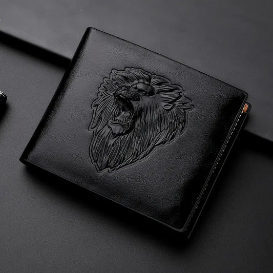 New Men's Lion Embossed Pattern Wallet, PU Leather Trifold Money Clip