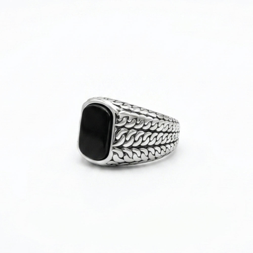Rectangle Onyx Knitted Silver Men Ring