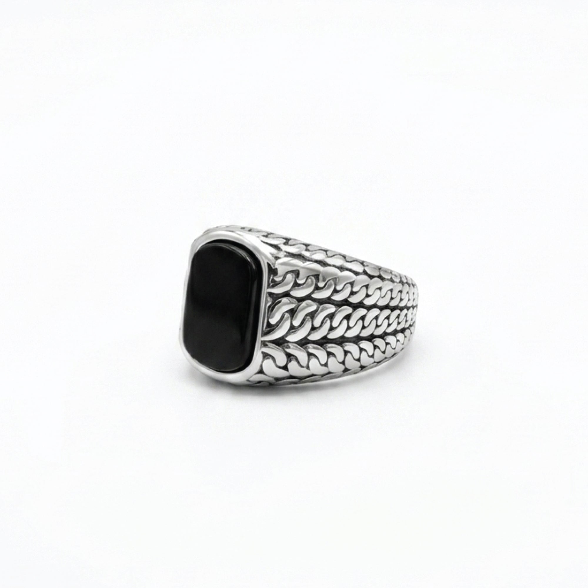 Rectangle Onyx Knitted Silver Men Ring