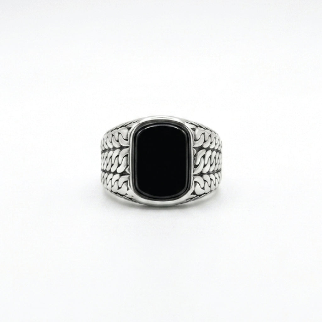Rectangle Onyx Knitted Silver Men Ring