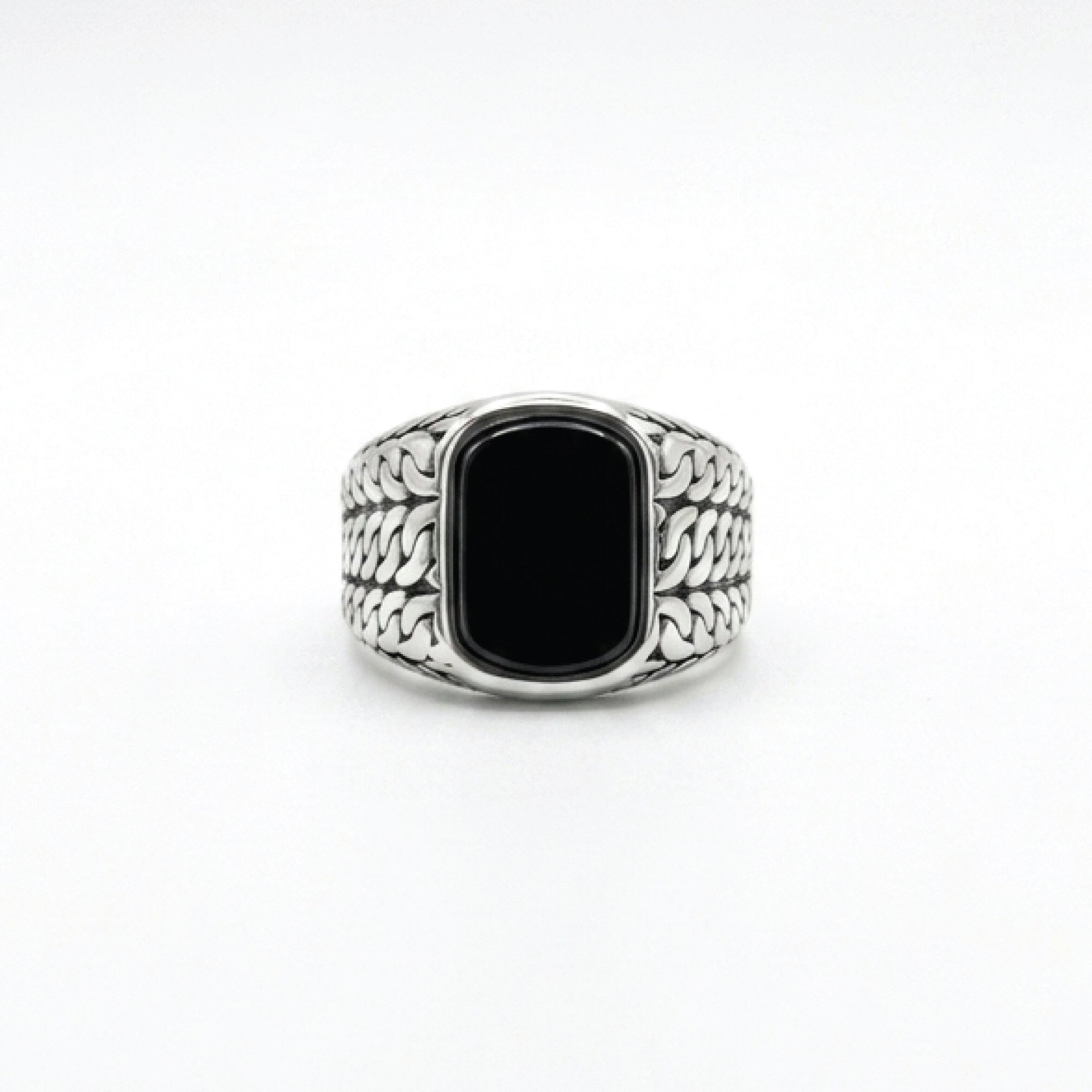 Rectangle Onyx Knitted Silver Men Ring