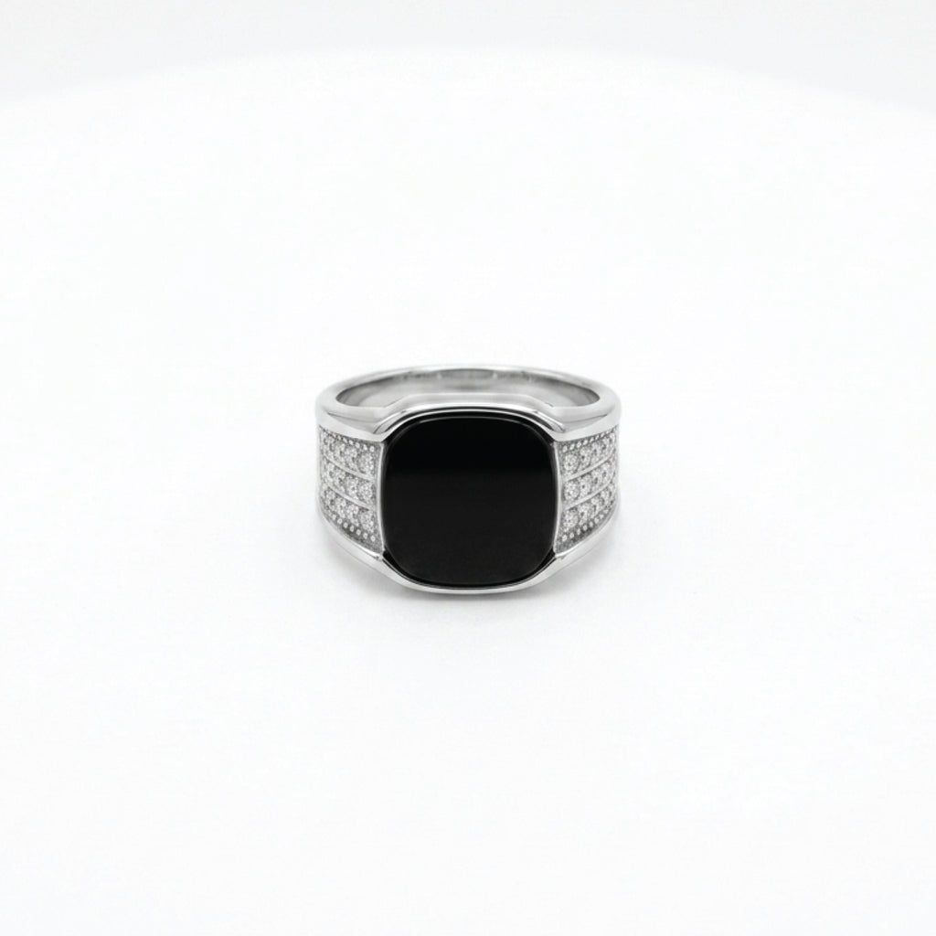 Rhodium plated black onyx ring