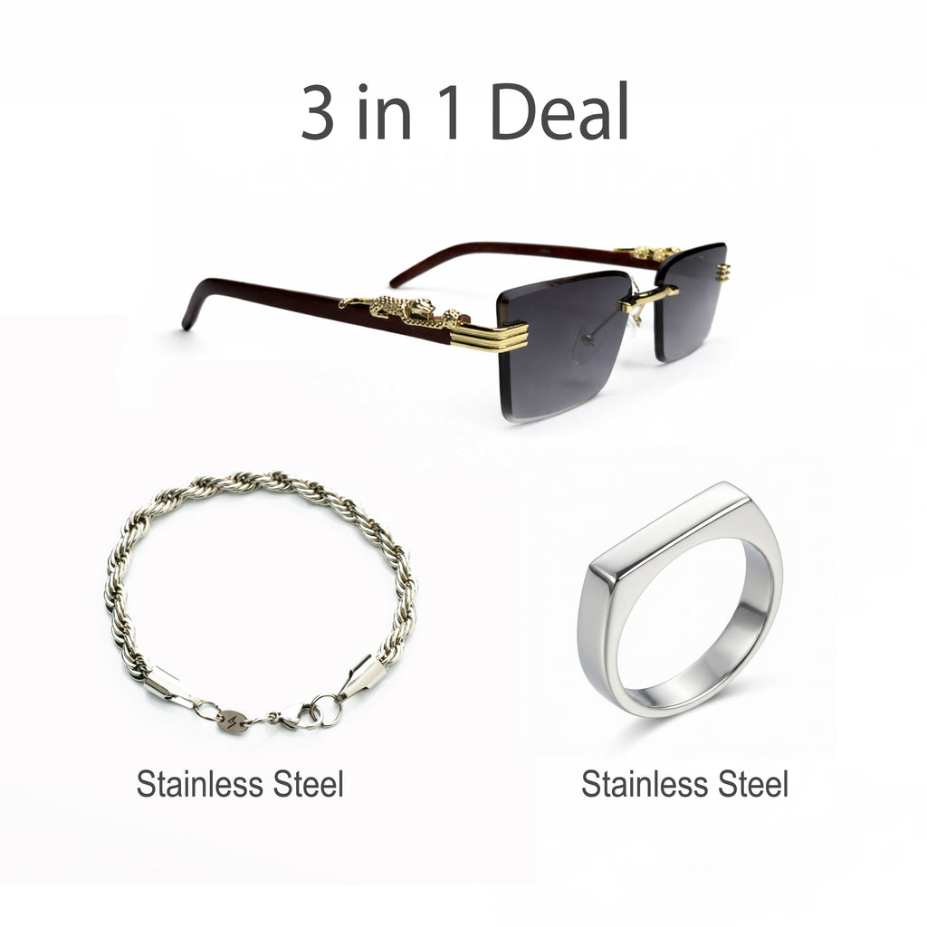 Prestige Leopard Sunglasses + Rope Silver Chai + Silver Greek Ring