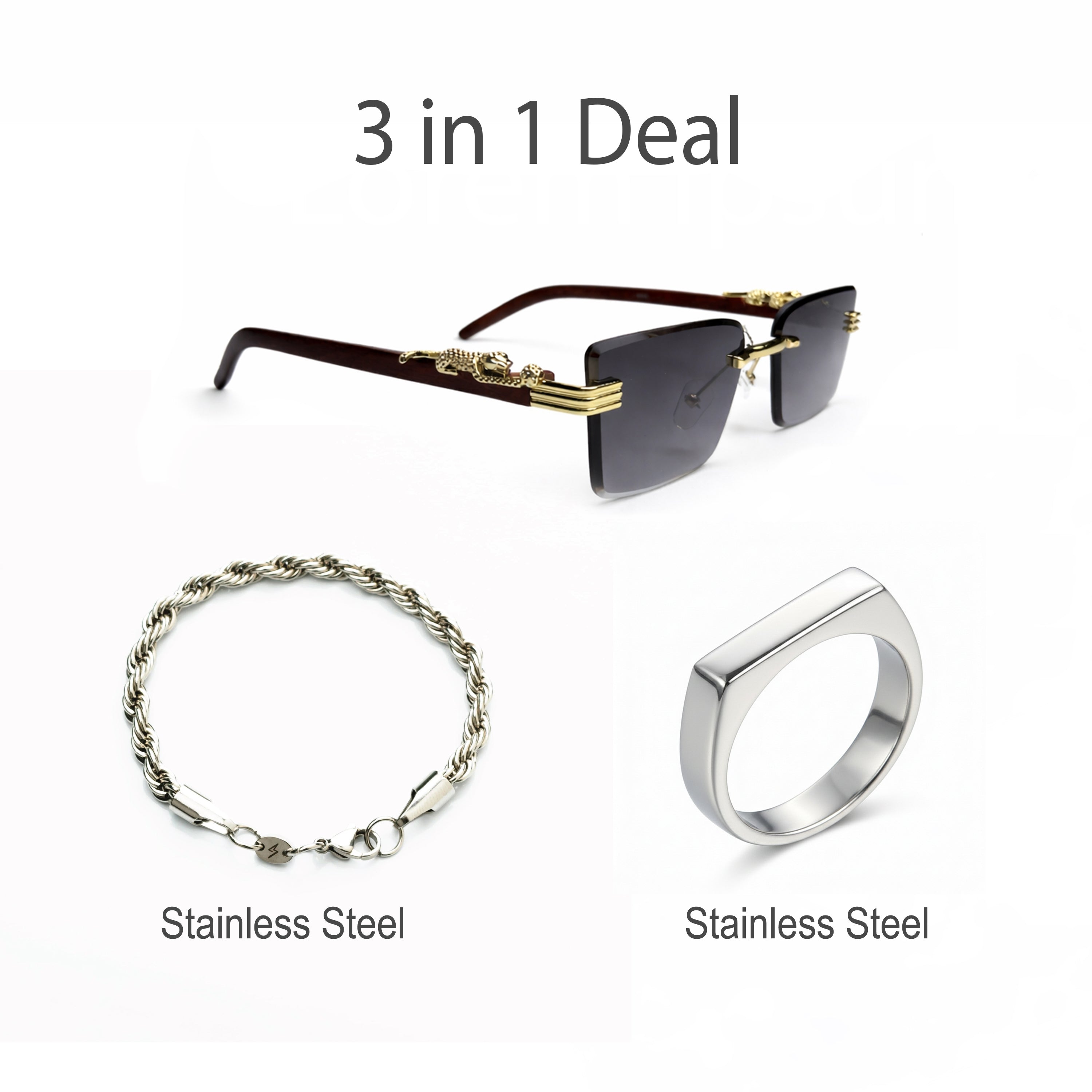 Prestige Leopard Sunglasses + Rope Silver Chai + Silver Greek Ring