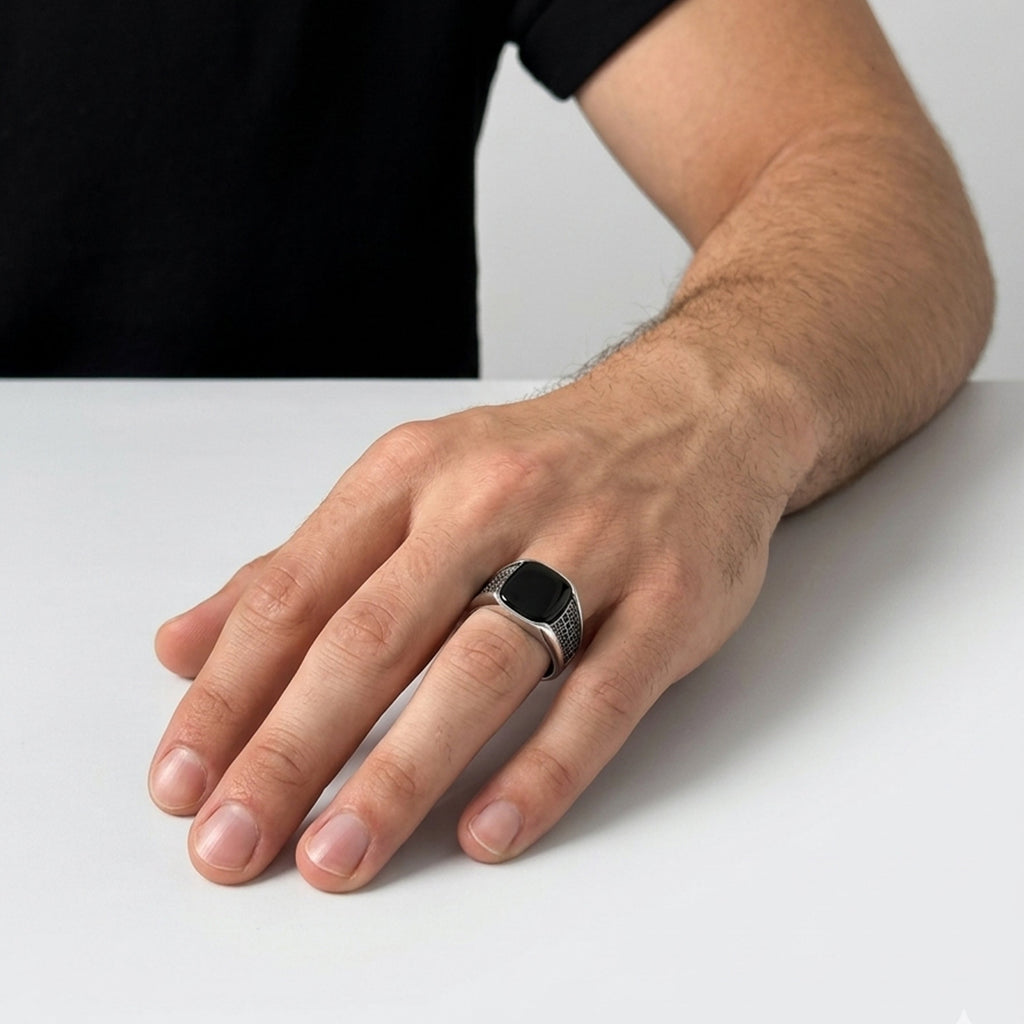 Rhodium plated black onyx ring