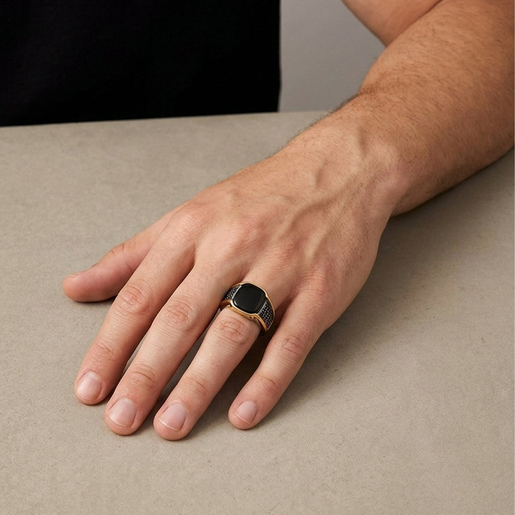 Rhodium plated black onyx ring