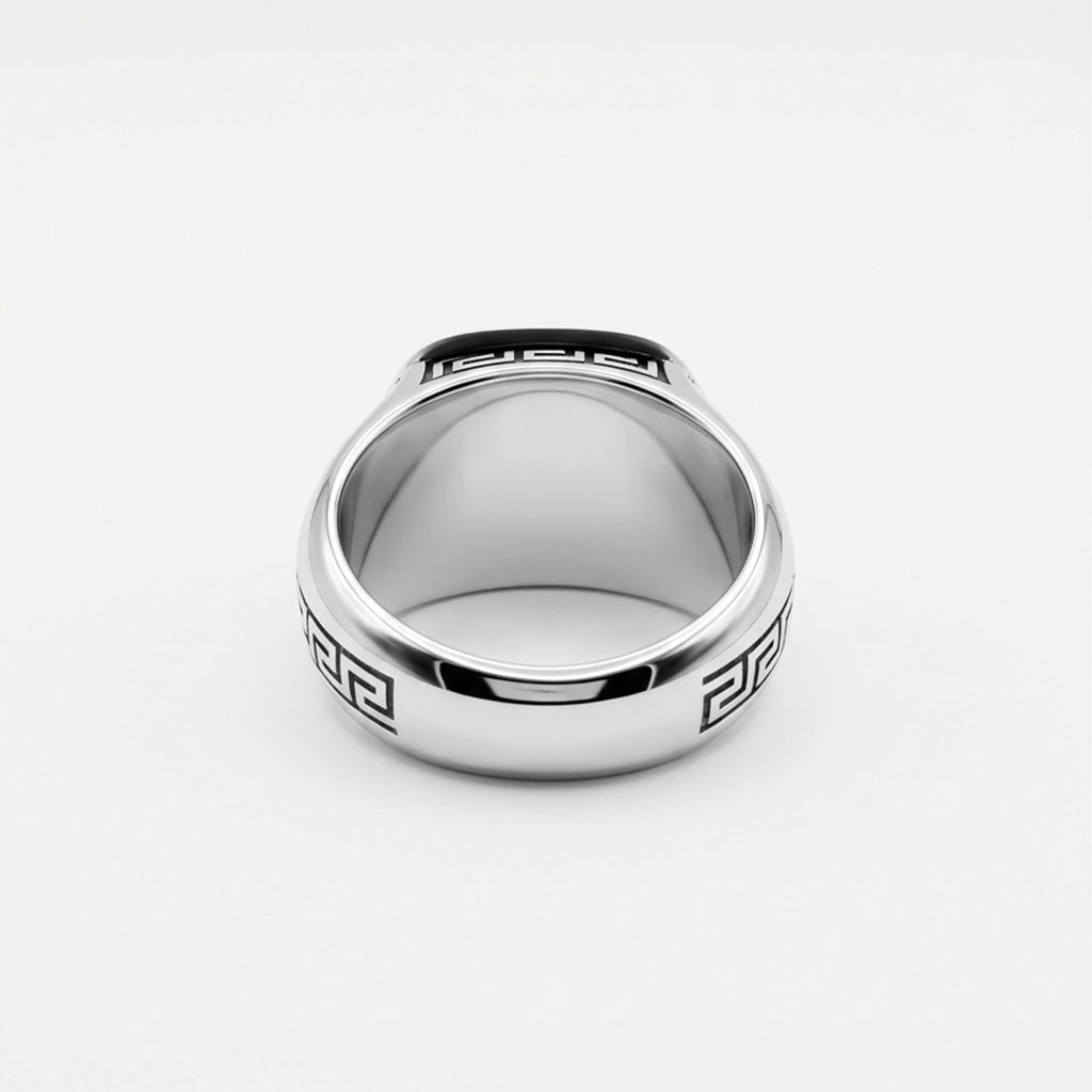Black Onyx Ring with Greek Key Design