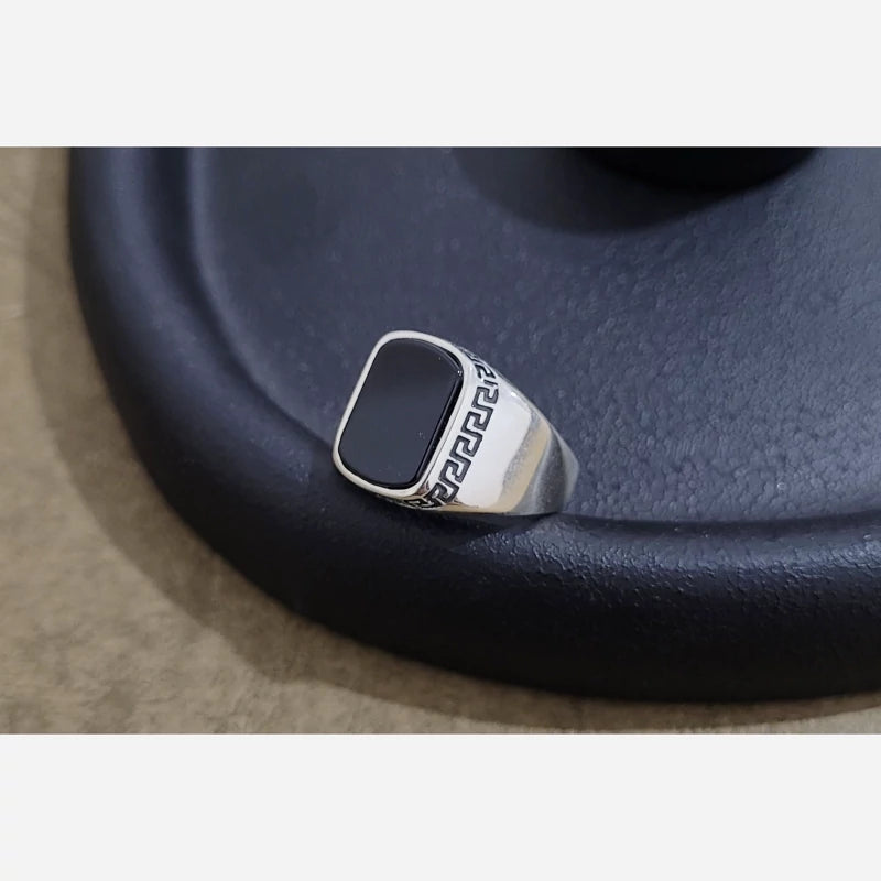 Black Onyx Signet Ring with Greek Key Design