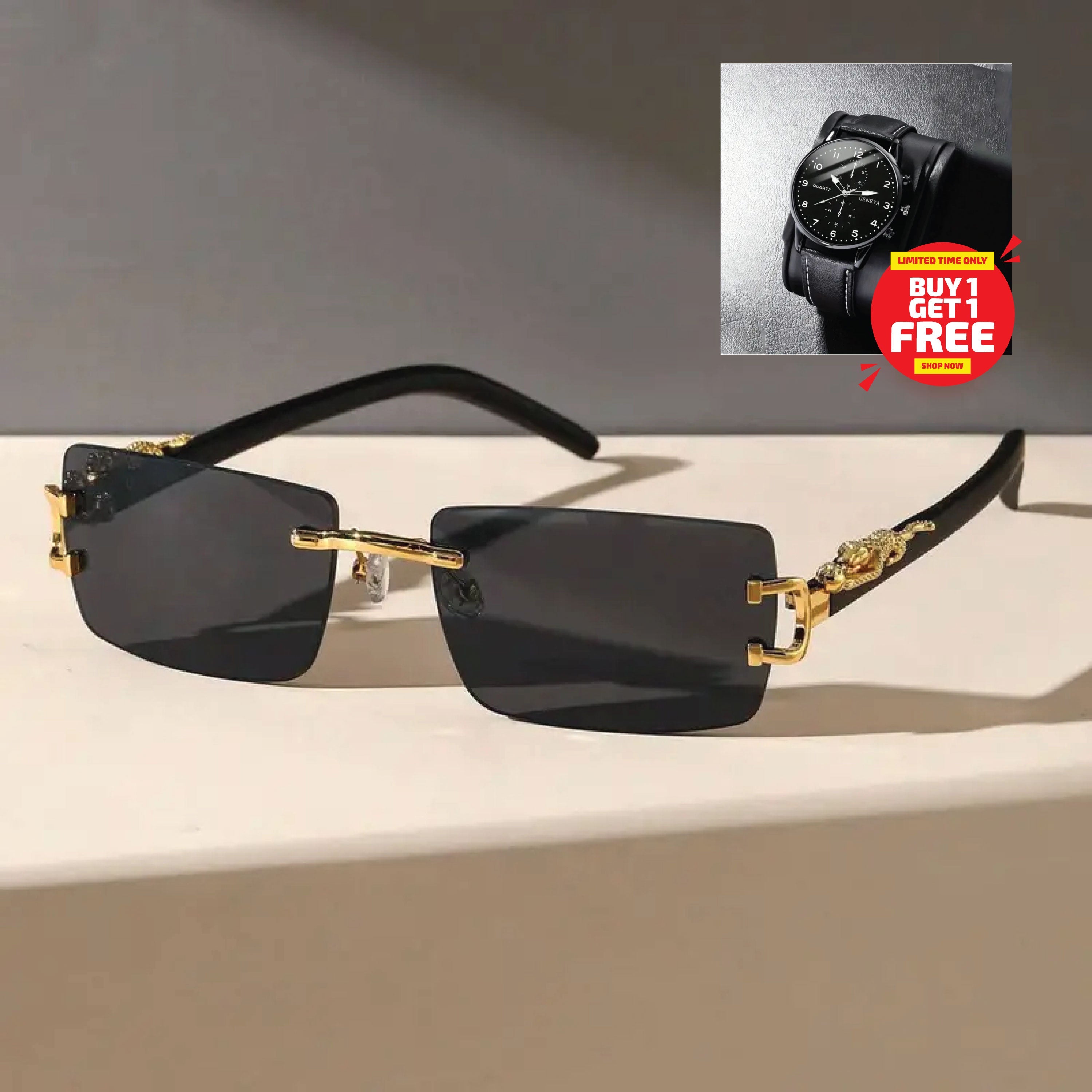 Black Rectangular Frames with Golden-Tone Metal Glasses