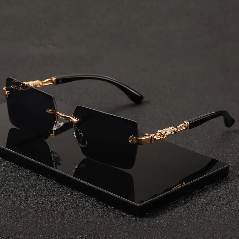 Rimless leopard print temples and a compact trendy frame