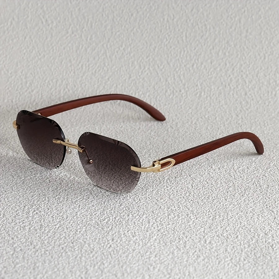 Retro Rimless Fashion Glasses with Wood-Look Temples