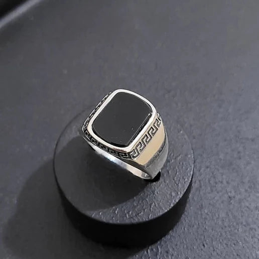 Black Onyx Signet Ring with Greek Key Design